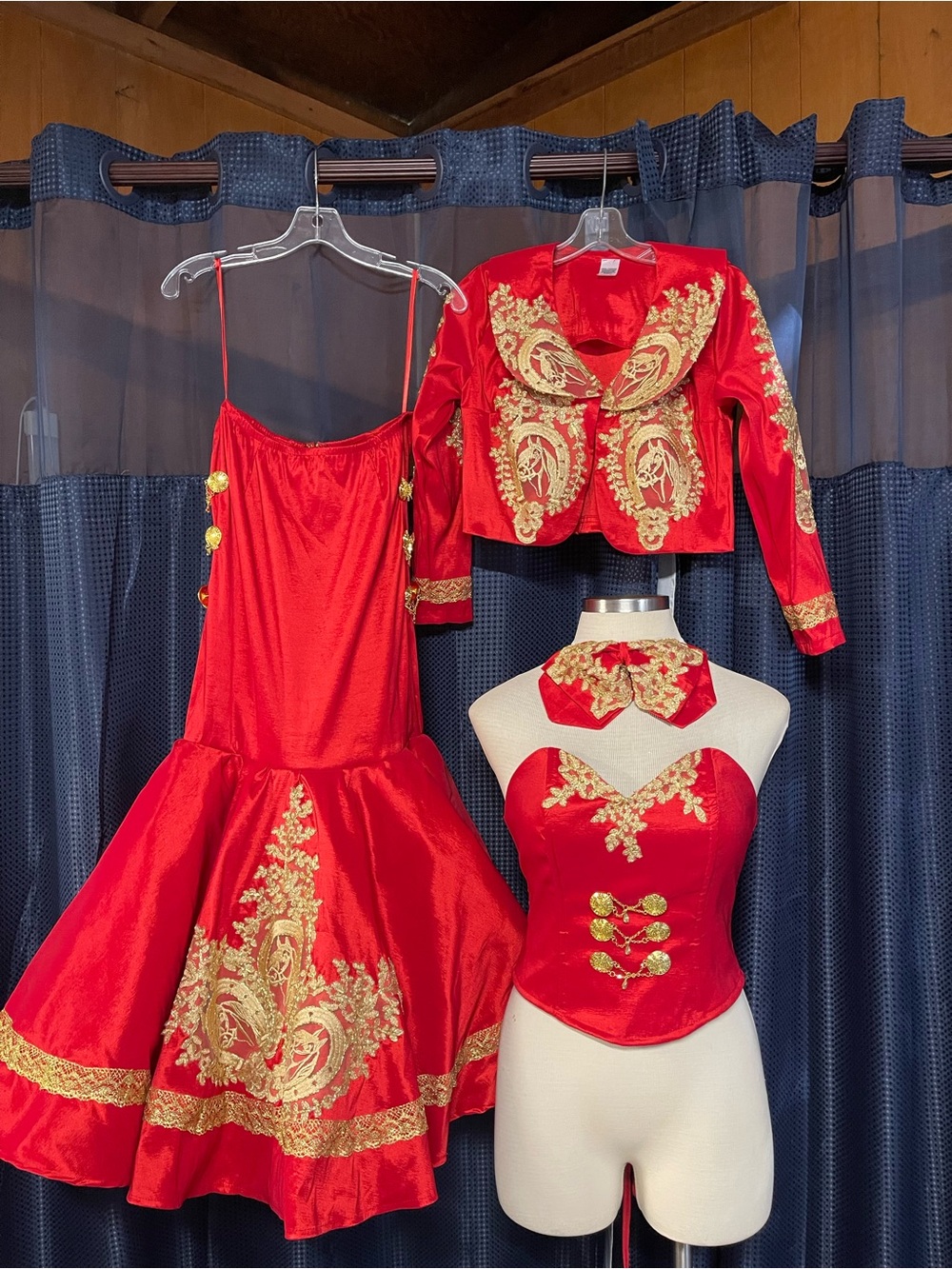 Red Satin Embroidered Party Dress with Bolero Jacket charro